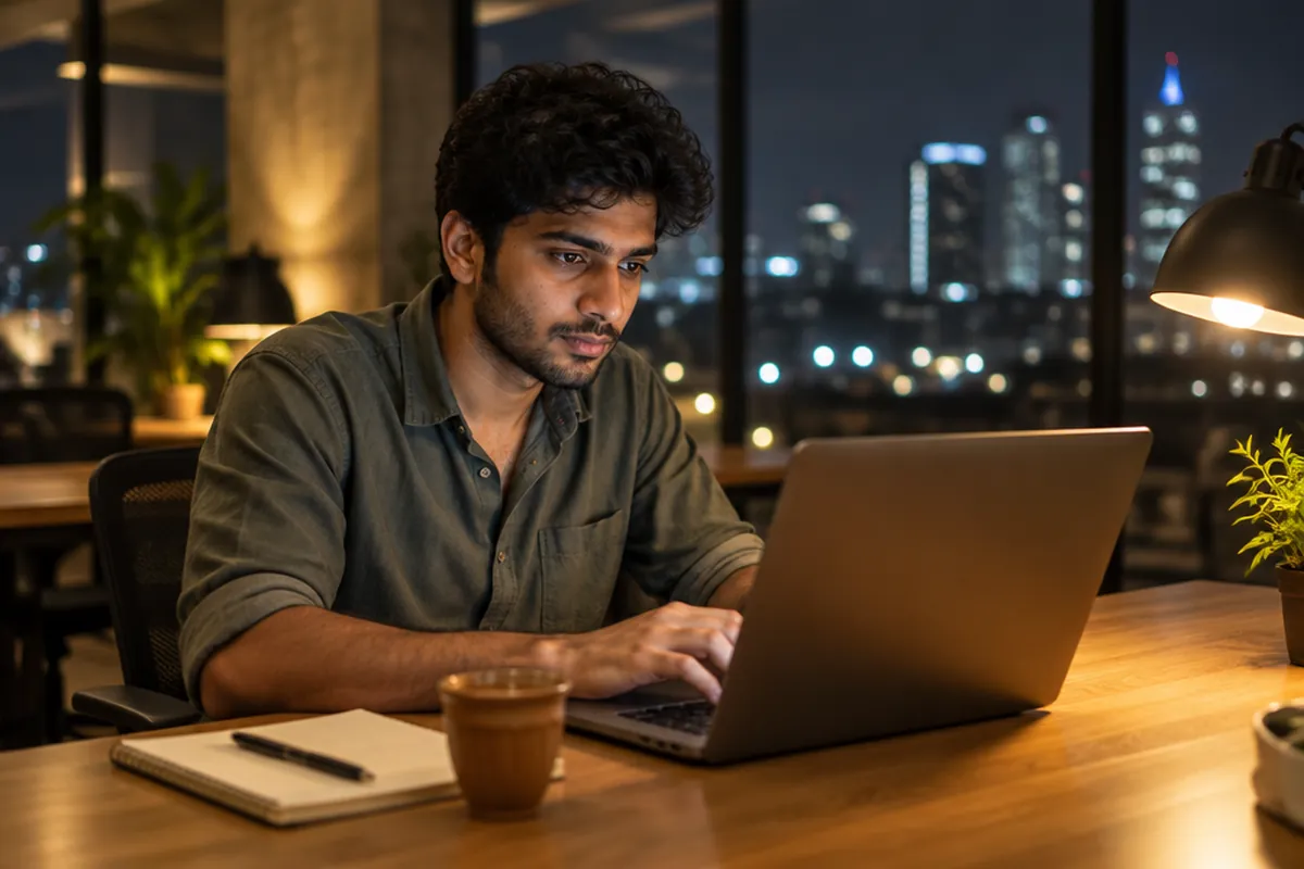 A young founder working late on a laptop