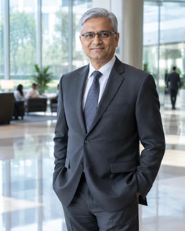A senior executive standing in an office lobby