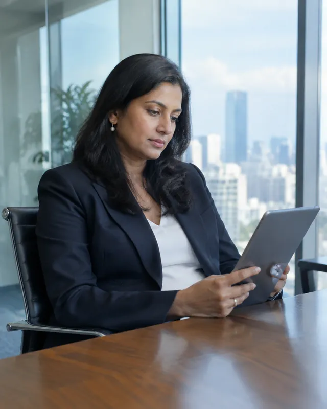 An investor reading on a tablet in a glass-walled office