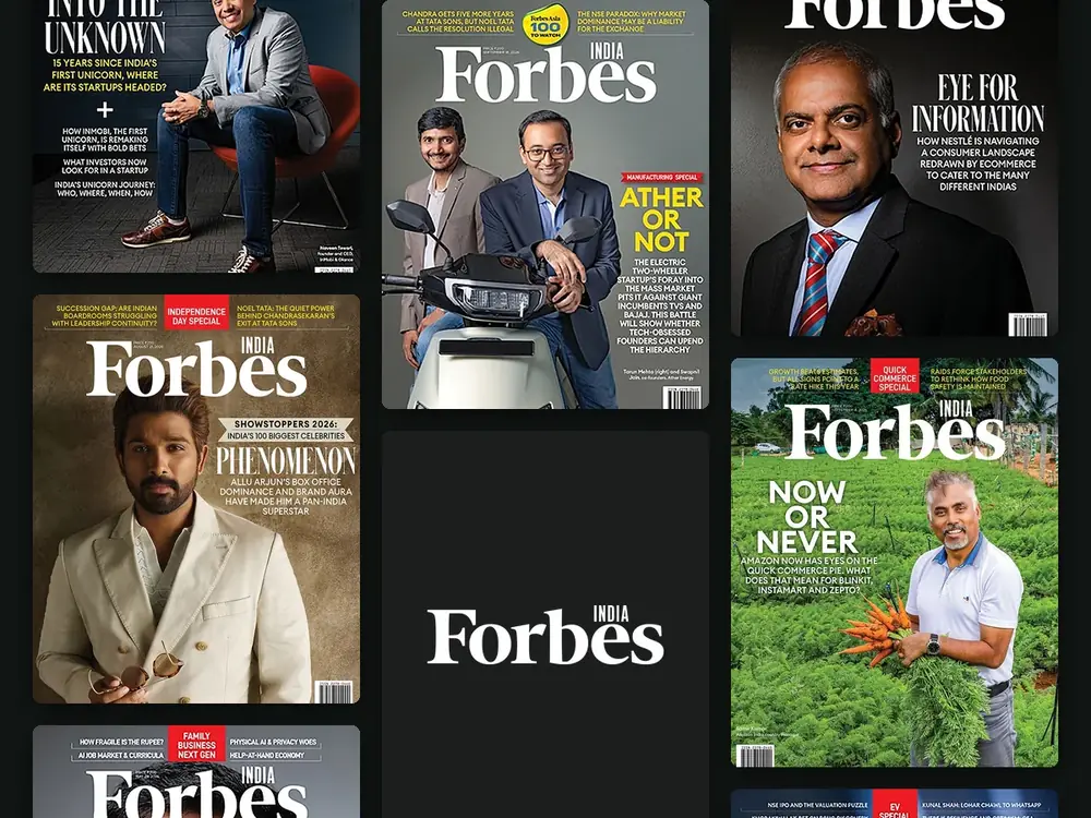 A wall of recent Forbes India covers