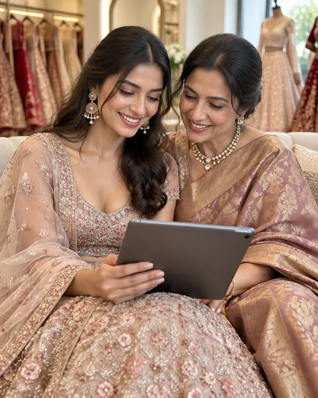 A bride-to-be and her mother looking at a tablet in a couture boutique