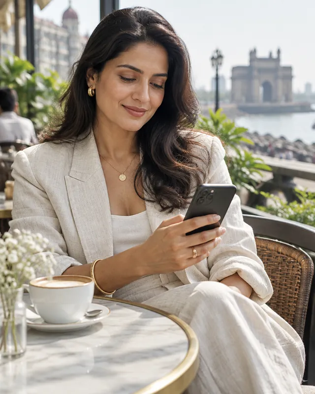A woman reading on her phone at a café