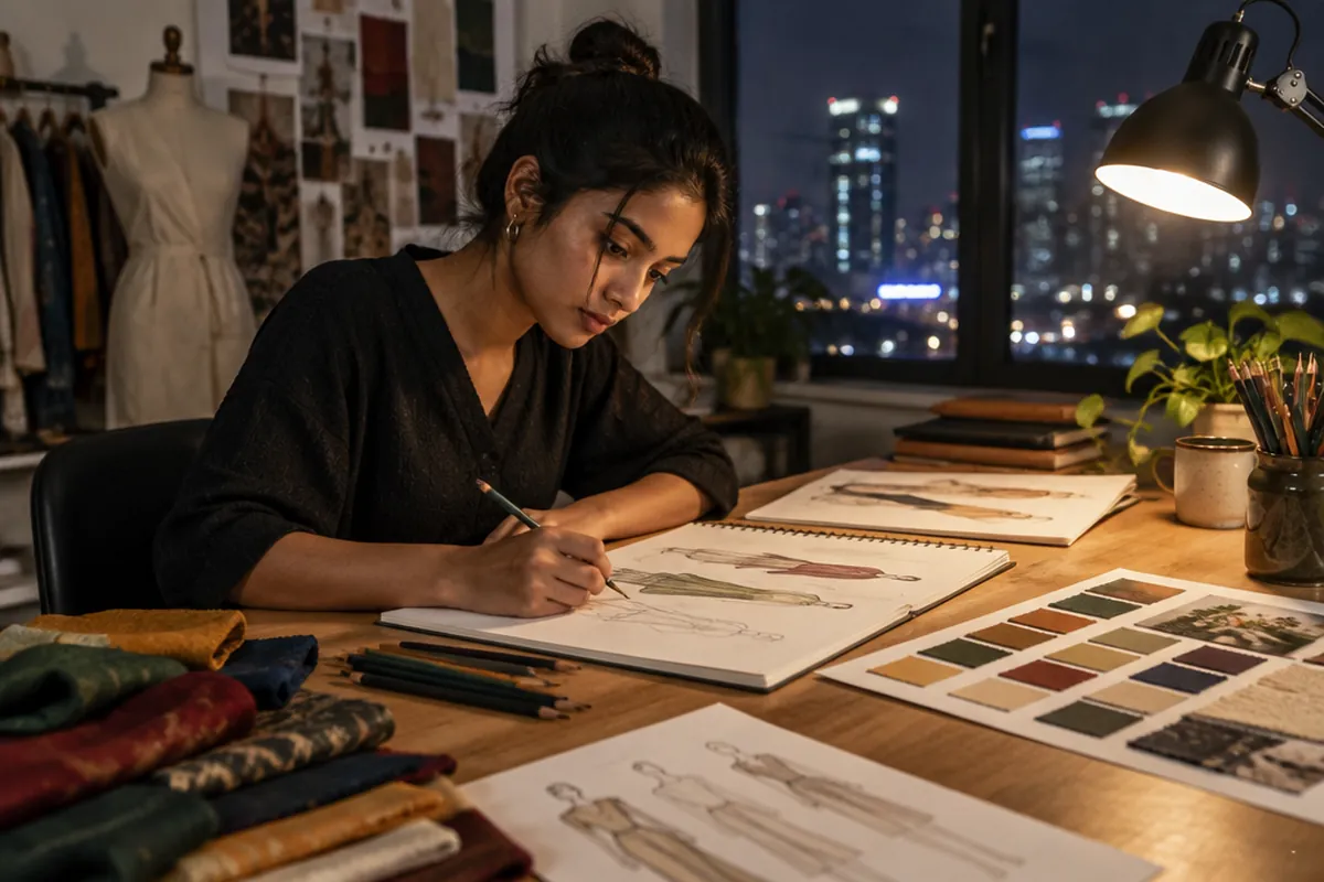 A young designer sketching late at night