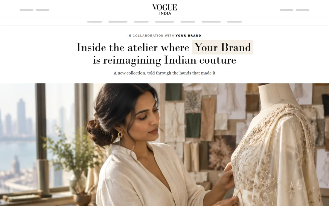 An illustrative mock-up of a sponsored Vogue India page, labelled In Collaboration With Your Brand