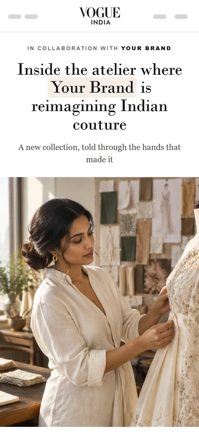 An illustrative mock-up of a sponsored Vogue India page on a phone, labelled In Collaboration With Your Brand